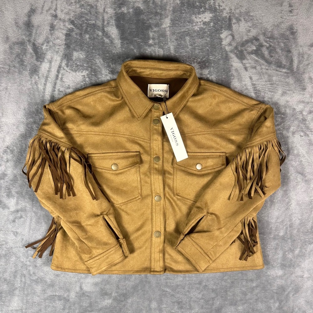 Vigoss Womens Faux Suede Fringe Western Jacket Camel Tan Size S NEW
